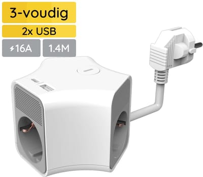 Technik Stekkerdoos Cube met USB 1.4m - 3-Voudig - USB C - USB A - Wit
