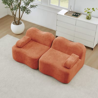 MODENUIT Hoekbank 2-Zits - Modulaire Opstelling Met Hocker - Voor Woonkamer En Appartement - Fluweel Oranje
