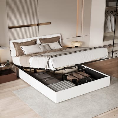 Opbergbed 140x200 cm met lattenbodem, Tweepersoonsbed met hydraulisch opbergvak en stekkerdoos, in hoogte verstelbaar gestoffeerd hoofdeinde, bedframe voor volwassenen en tieners, Teddyfluweel Wit