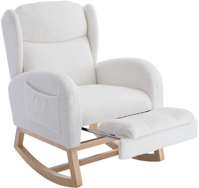 Merax Schommelstoel Wit - Teddy Stof Stillstoel met Uitschuifbare Voetensteun - Hoge Rugleuning - Houten Onderstel - Zijvak voor Woonkamer Slaapkamer en Babykamer