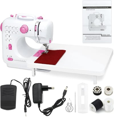 Elektrische handnaaimachine met verwisselbare tweelingnaald, 12 steken, snelheidsregeling, complete set met 20 vierkante stofjes, voetpedaal voor beginners, DIY & reparaties