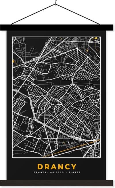 Posterhanger incl. Poster 40x60 cm - Schoolplaat - Stadskaart – Drancy - Plattegrond – Kaart – Frankrijk - Textielposter - Zwarte latten - Stadskaart