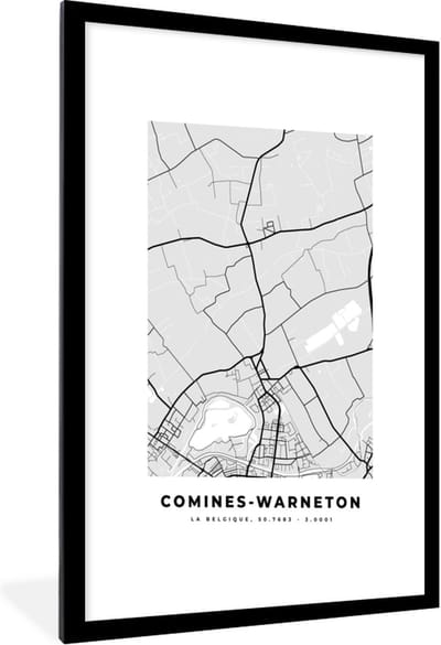 Fotolijst incl. Poster Zwart Wit- Zwart Wit – België – Plattegrond – Stadskaart – Kaart – Comines Warneton - 60x90 cm - Posterlijst