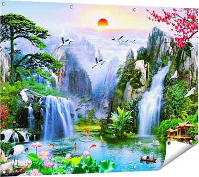 Gards Tuinposter Watervallen in de Bergen - Abstract - 120x90 cm - Tuindoek - Tuindecoratie - Wanddecoratie buiten - Tuinschilderij