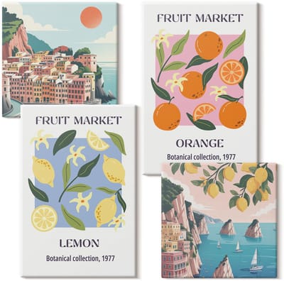 Wallfluent Set van canvas schilderijen - Fruitposters met citroenen, sinaasappels en Italiaanse uitzichten Canvas Schilderijen Set - Set van 4 Canvas Schilderijen - Blauw Set van Canvas Prints - Voedsel Canvas Kunst Set - Boheemse Canvas Kunst Set