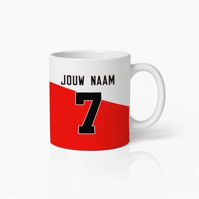 Gepersonaliseerde Naam & Nummer Mok 330 ml – Custom Jersey Stijl Koffiemok – Rood & Wit Design Cadeau voor Hem/Haar