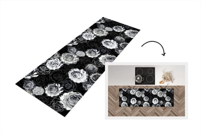 Keukenloper - Loper keuken - Rozen - Zwart Wit - Patronen - 150x50 cm - Keukenloper vinyl