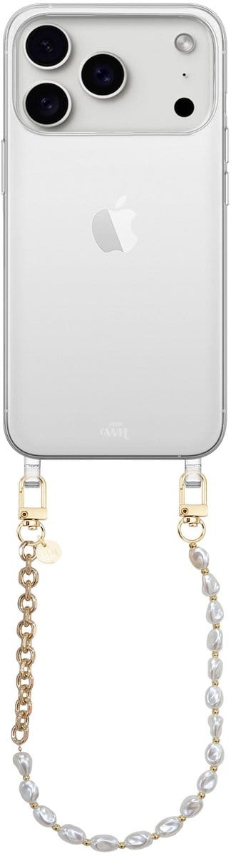 xoxo Wildhearts siliconen hoesje - Geschikt voor iPhone 17 Pro Max hoesje - Over The Moon - Telefoonhoesje - Hoesje met koord - Parelketting / Gouden schakelketting - kort telefoonkoord - Transparant hoesje (korte variant)
