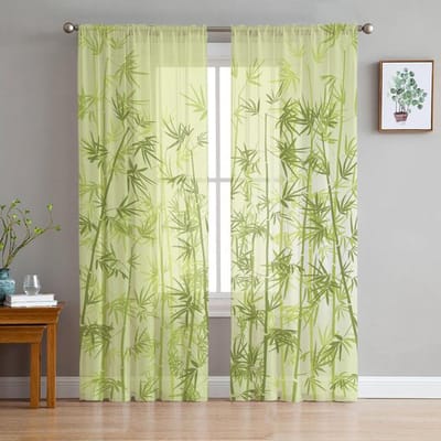 Groene Bamboe Bladeren Transparante Gordijnen Voor Woonkamer Tule Gordijn Voor Slaapkamer Keukenraam Voile Gordijnen 135W x 183H(cm)