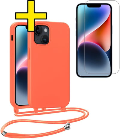 Hoesje Geschikt voor iPhone 13 Mini Hoesje Met Koord Met Screenprotector Siliconen Case - Hoes Geschikt voor iPhone 13 Mini Backcover Met Afneembaar Koord - Papaya