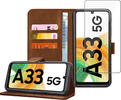 Geschikt voor Samsung A33 5G Book Case Hoesje + Screenprotector – Magnetische Flip Portemonnee Bruin - Gehard Glas