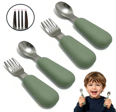 Babybestekset Vork & Lepel – 2 Sets (2 lepels + 2 vorken) – Bestek voor baby's en peuters – Eetgerei voor kinderen – Leerbestek voor zuigelingen – Roestvrijstalen vorken en lepels met korte siliconen handvatten – Babyvork- en lepelset – 11,5 x 2,8 cm
