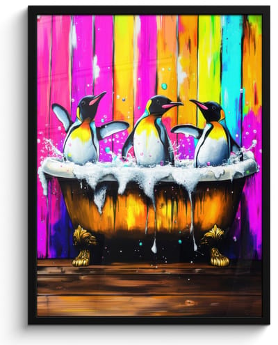 Poster in lijst - Fotolijst 60x80 cm - Posters - Pinguïns - Badkuip - Kleurrijk - Schuim - Posterlijst zwart - Decoratie - Wanddecoratie woonkamer - Muurdecoratie slaapkamer