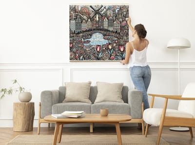 Doodle amsterdam schilderij | Gekrabbel van de grachten: een kunstige blik op Amsterdam | Kunst - 60x60 centimeter op Forex | Foto op Forex