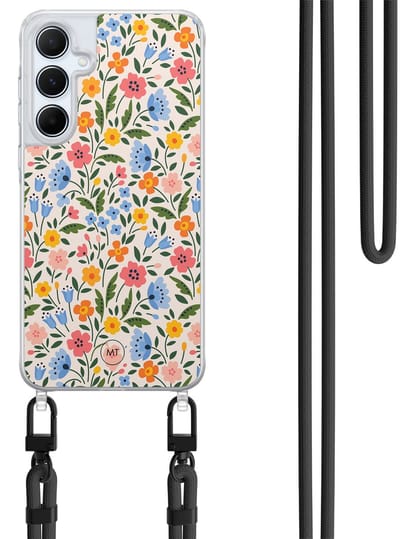 Hoesje met koord geschikt voor Samsung Galaxy A35 5G - Romantische bloemen - Inclusief Zwart koord - Crossbody beschermhoes - Transparant, Multi - Mooie Telefoonhoesjes