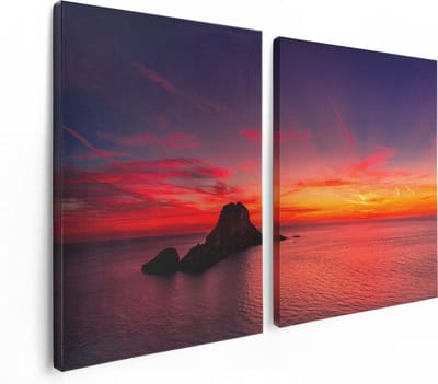 Artaza Canvas Schilderij Tweeluik Ibiza Rotsen Eiland bij Zonsondergang - 120x80 - Foto Op Canvas - Canvas Print