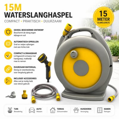 Tuinslanghaspel / Slangwagen / Waterpistoolset – 15m vorstbestendige slang + 2m aansluitslang – Met 4 snelkoppelingen, sproeikop & kraanadapter – Compact, knoopvrij – Incl. handleiding