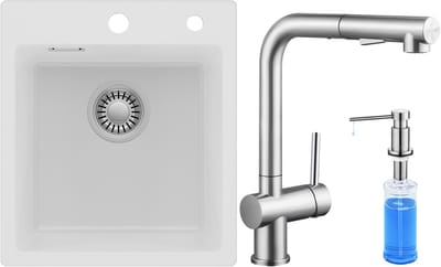 Auralum max Spoelbak Keuken 40x45CM - Spoelbakken Graniet Met Keukenkraan met Uittrekbare Uitloop en Zeepdispenser 300ML - Enkele spoelbak Wit - Met waterafvoersysteem - Voor 40 cm kast