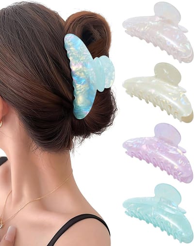 4-pack Acryl Haarspeldjes, Antislip 10,4 cm Grote Hair Clips voor dun en Dik Haar | French Banana Barrettes Haarspeldjes met Sterke Grip (Roze, wit, groen, champagne)