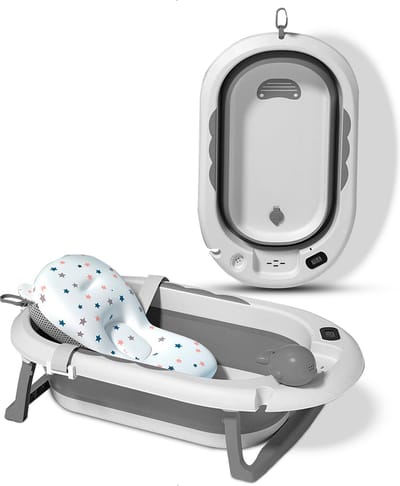 OVIRA - Babybadje 3 in 1 opvouwbaar - Peuterbadje - Opvouwbaar - Inc. baby bad set kussen - 79CM lang - Creme wit - Digitale thermometer babybad - 0 tot 3 jaar - grijs