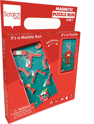 SCRATCH Magnetic Puzzle Run - Robot - 2-In-1 - Puzzel En Knikkerbaan Met 5 Knikkers - 3 Jaar