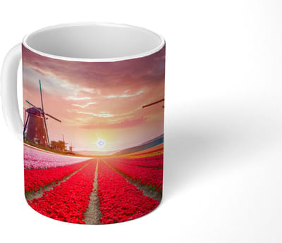 Mok - Koffiemok - Bloemen - Windmolen - Tulpen - Zonsondergang - Roze - Mokken - 350 ML - Beker - Koffiemokken - Theemok