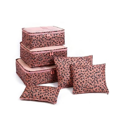 Roze packing cubes reis organizer set unisex luipaardprint 6 delig kleding organizer bagage opbergset voor kleding ondergoed sokken en cosmetica multifunctionele reis tas organizers met ritssluiting