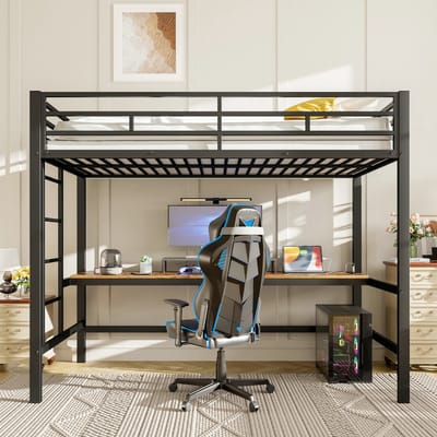 VVBV Ruimtebesparende Hoogslaper 90x200 cm - LED-Verlichting, USB & Stopcontact, Bureau - Metaal Zwart - Zonder Matras
