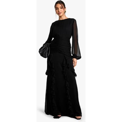 boohoo Dames Geplooide Chiffon Maxi Jurk Met Ruches | Zwart | Maat: 38