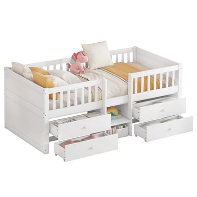 YEHTOKHOME Halfhoog bed 90x200 cm met opbergruimte - Houten Kinderbed met valbescherming - 4 lades - ladder - grenenhout - wit - zonder matras