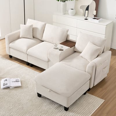 MODENUIT Hoekbank 229 x 149,5 cm - Met USB, Console, Bekerhouders En Opberghocker - Woonkamer - Ribstof Beige