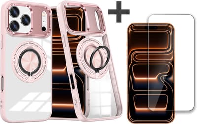 Hoesje Geschikt voor iPhone 17 Pro Max Arara hoesje voor Magsafe Transparant hard case - kickstand Draaibare Ring Houder met screenprotector - Rosegoud