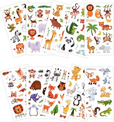 Set van 10 Dieren Tattoo Stickers voor Kinderen, Watervaste Tatoeages voor Feestjes, Dieren Thema Decoraties en Activiteiten