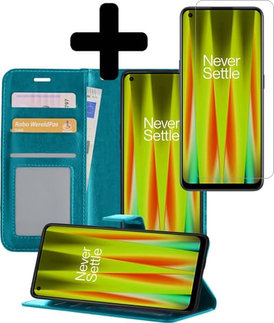 Hoesje - Met Screenprotector - Geschikt voor OnePlus Nord CE 2 - Luxe Pasjeshouder - Bookcase Portemonee - Flip Case - Kunstleer Book Case - Flipcase - Book Cover - Walletcase - Portemonneehoes - Telefoonhoesjes - Turquoise