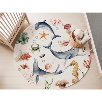 Blauw Zeedier Rond Tapijt voor Woonkamer Baby Meisje Kamer Kinder Speelkamer Mat Slaapkamer Zacht Kleed Kinderkamer Decoratie kinderspeelmat 120x120cm