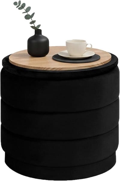 SnelShoppen - Ronde poef met deksel, inklapbare voetensteun en tafel, multifunctionele voetenbank voor woonkamer, slaapkamer, hal, zwart fluweel, 39 x