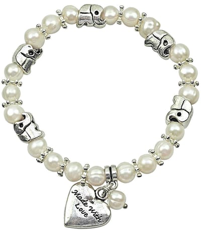 Zoetwater parel armband Pearl Elephant Heart - echte parels - wit - zilver - hartje - olifant - elastisch - luxe sieraden zakje - parel armband dames - wit parel armband - elastisch parel armband - zoetwaterparel
