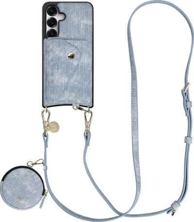 AVY Hoesje geschikt voor Samsung Galaxy S25 / S24 | Met Koord, Wallet en Pouch | Compatibel met MagSafe | Kunstleren Case met 130CM Koord | Long Denim | Denim