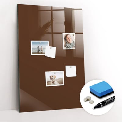Tulup Whitebord - Kleur Bruin Magneetbord - 60 cm x 90 cm - Foto Magneetbord - Moderne Wanddecoratie - Magnetisch Bord Kind - Notitiebord Werkplek - Gratis 5 Sterke Magneten + Whiteboard Marker & Wisser - Memobord Glas - Memo Bord