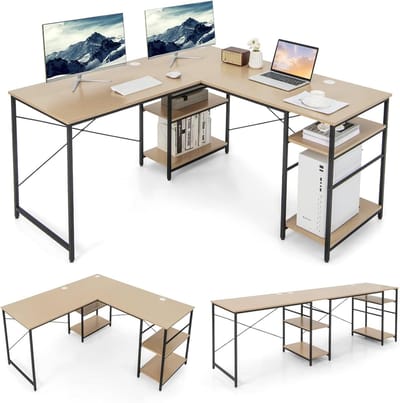 COSTWAY Schrijftafel L-vorm, omkeerbaar hoekbureau met 4 planken, hoektafel met 3 kabelgaten, gaming computertafel, bureautafel voor thuiskantoor, 151 x 151 x 75 cm, naturel