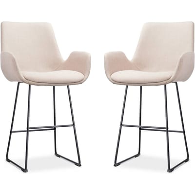 Nolon Nino-Eef Barkrukken Set van 2 Beige - met Armleuning - Zwart Onderstel - 65 cm - Voor Kookeiland - Barkruk met Rugleuning - Lage Armleuning - Scandinavisch