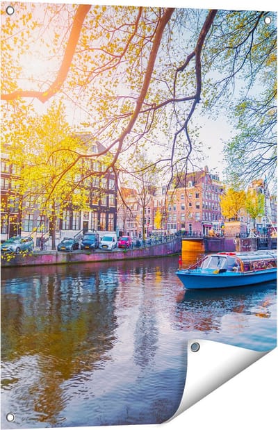 Gards Tuinposter Amsterdamse Gracht tijdens het Voorjaar - 60x80 cm - Tuindoek - Tuindecoratie - Wanddecoratie buiten - Tuinschilderij