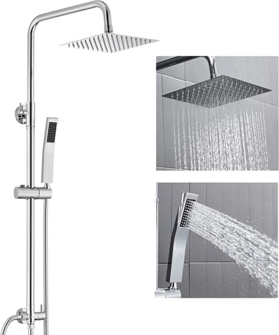DERW Max Douche Set - Regendouche en Handdouche - RVS - Douchesysteem - Verstelbare Hoogte 72-110 cm - Vierkant Design - Zonder Kraan - Waterbesparend - Chroom