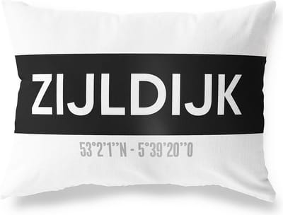Tuinkussen ZIJLDIJK - GRONINGEN met coördinaten - Buitenkussen - Bootkussen - Weerbestendig - Jouw Plaats - Studio216 - Modern - Zwart-Wit - 50x30cm