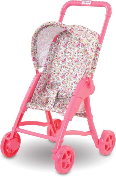 Poppenbuggy Floral - Poppenwagen - Poppen Vervoeren - Lichtgewicht Frame - 30 cm Poppen - Roze