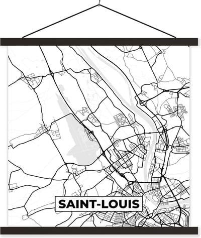 Posterhanger incl. Poster 60x60 cm - Schoolplaat - Kaart - Saint-Louis - Stadskaart - Frankrijk - Plattegrond - Zwart wit - Textielposter - Zwarte latten - Stadskaart