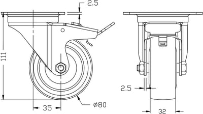 80 mm (3 inch) zwenkwiel met grijs rubber en rem, draagvermogen 160 kg, set van 2