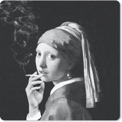Muismat 20x20 cm - Mousepad Het meisje met de parel - Johannes Vermeer - Zwart - Wit - Muismatten