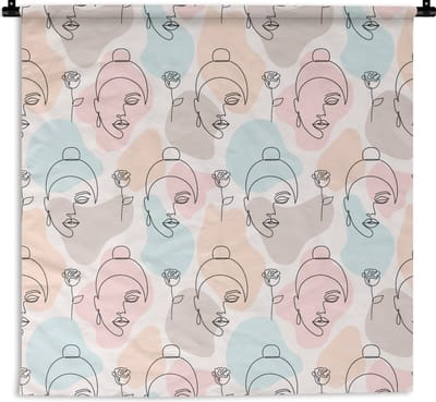 Wandkleed - Wanddoek - Vrouw - Bloemen - Line Art - Pastel - Patroon - 180x180 cm - Wandtapijt