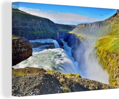 Canvas Schilderij Kleurrijke omgeving bij de Gullfoss waterval in IJsland - 30x20 cm - Wanddecoratie